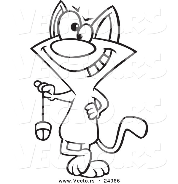 Vector of a Cartoon Cat Swinging a Computer Mouse - Outlined Coloring Page
