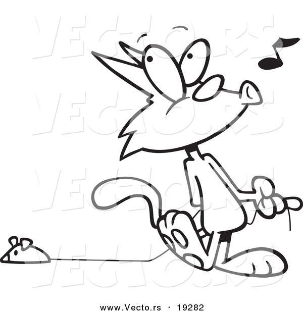 Vector of a Cartoon Cat Whistling and Pulling a Mouse Toy - Outlined Coloring Page