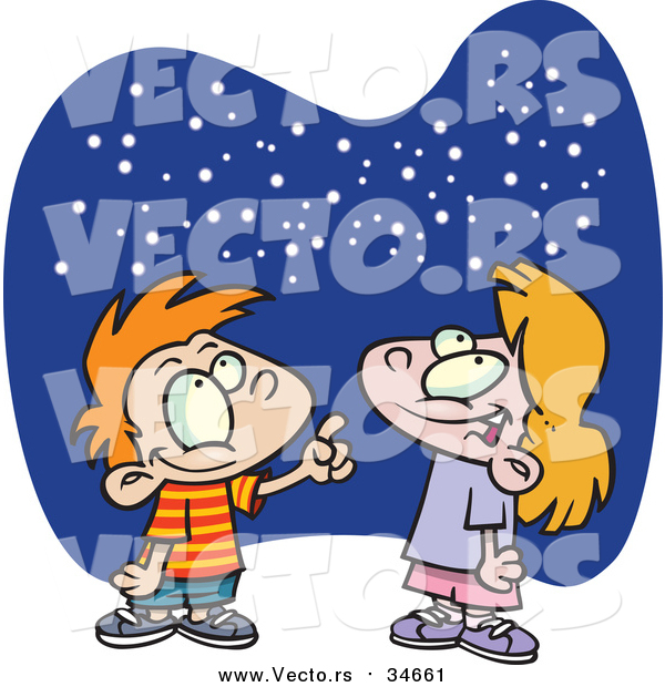 Vector of a Cartoon Caucasian Boy and Girl Gazing at the Stars