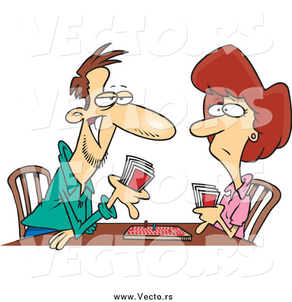 Vector of a Cartoon Caucasian Couple Playing Cribbage