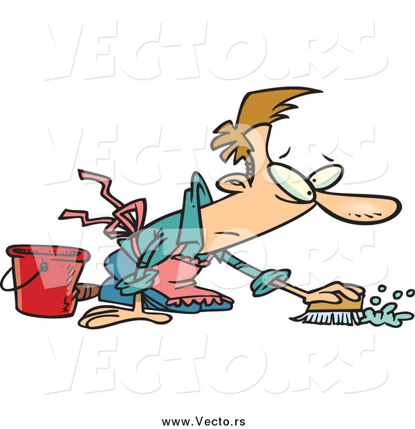 Vector of a Cartoon Caucasian Guy Scrubbing a Floor