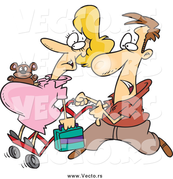 Vector of a Cartoon Caucasian Man Pushing His Pregnant Wife on a Dolly