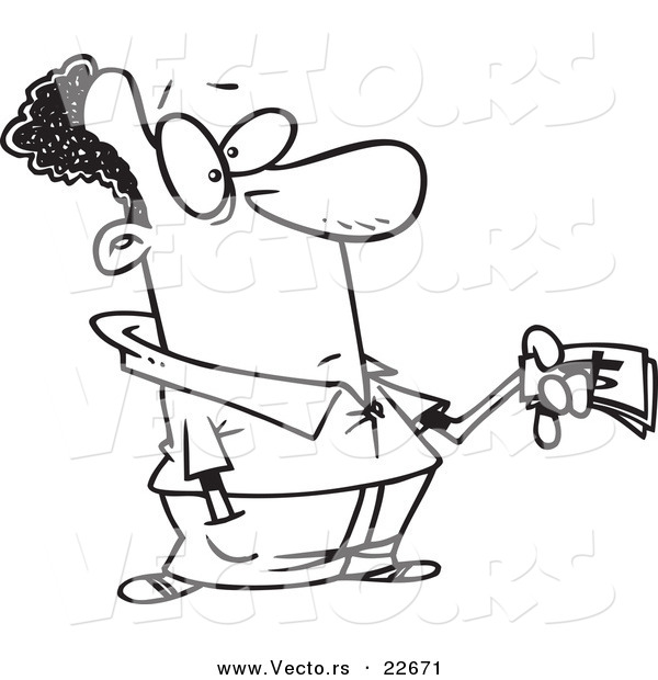 Vector of a Cartoon Cautious Man Paying - Coloring Page Outline