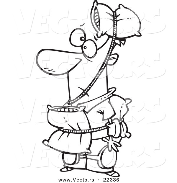 Vector of a Cartoon Cautious Man Wearing Pillows - Coloring Page Outline