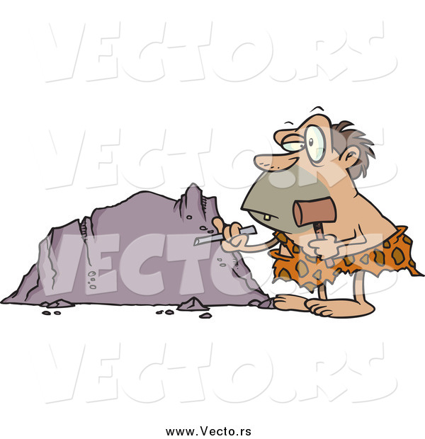 Vector of a Cartoon Caveman Chiseling on a Boulder