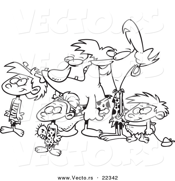 Vector of a Cartoon Caveman Family - Coloring Page Outline