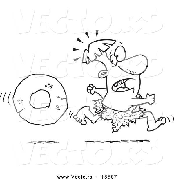 Vector of a Cartoon Caveman Running from a Stone Wheel - Coloring Page Outline