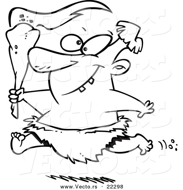 Vector of a Cartoon Caveman Running with a Torch - Coloring Page Outline