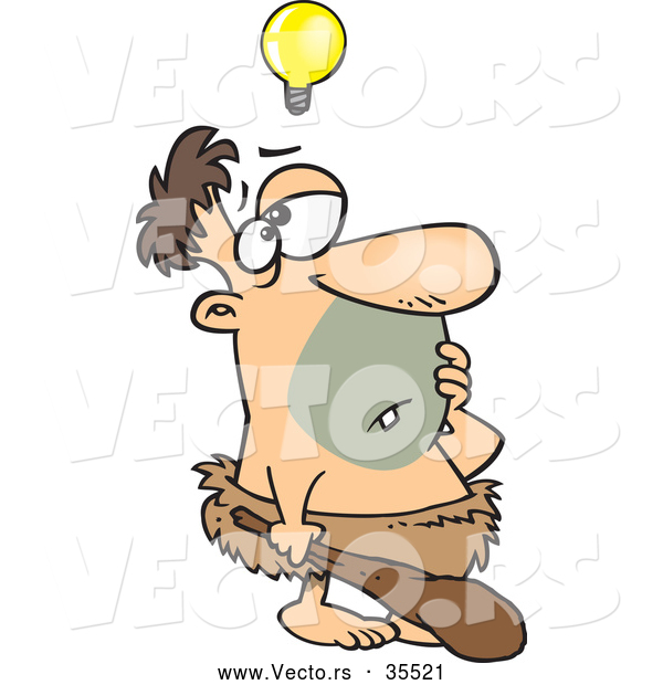 Vector of a Cartoon Caveman Thinking with a Light Bulb Floating Above His Head