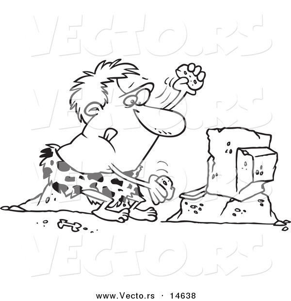 Vector of a Cartoon Caveman Using Stones to Type on a Computer - Coloring Page Outline