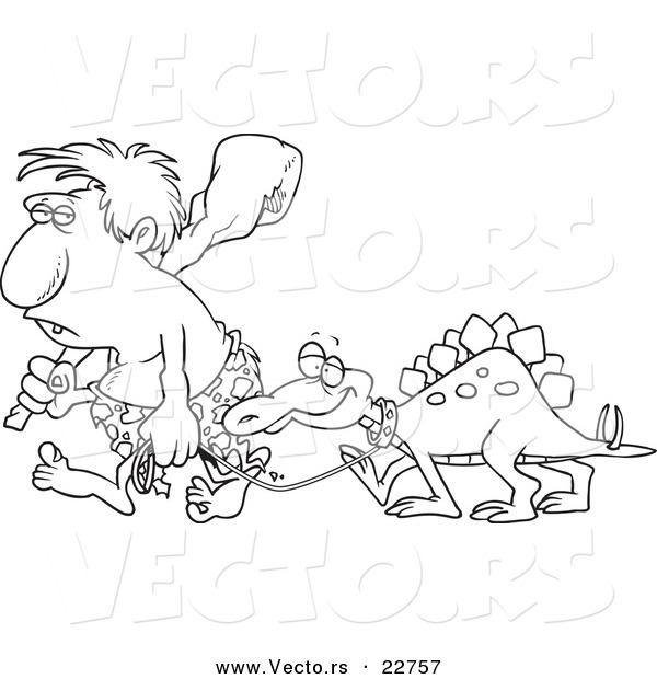 Vector of a Cartoon Caveman Walking His Dinosaur - Coloring Page Outline