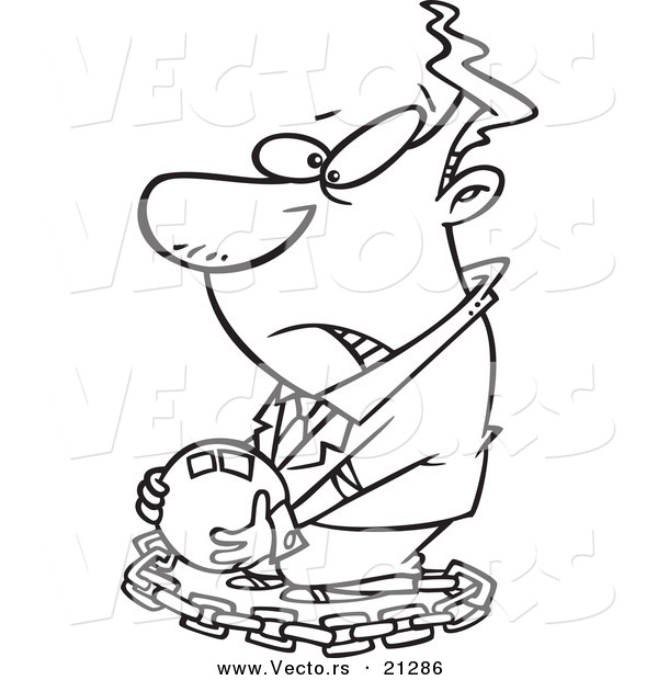 Vector of a Cartoon Chained Businessman Carrying a Ball - Outlined Coloring Page