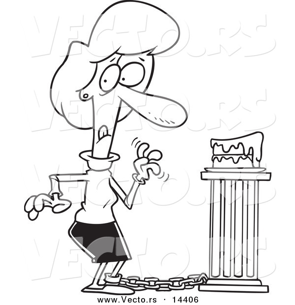 Vector of a Cartoon Chained Woman Tempted to Eat a Slice of Cake - Coloring Page Outline