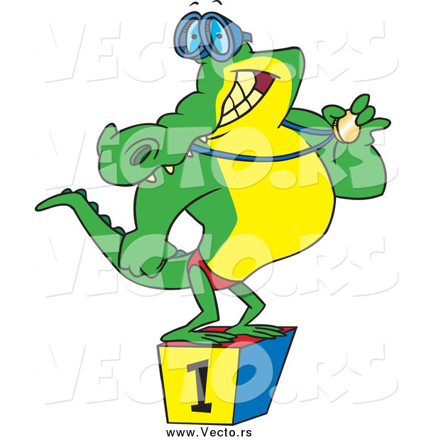 Vector of a Cartoon Champion Alligator Swimmer Standing on a Podium and Showing off His Medal