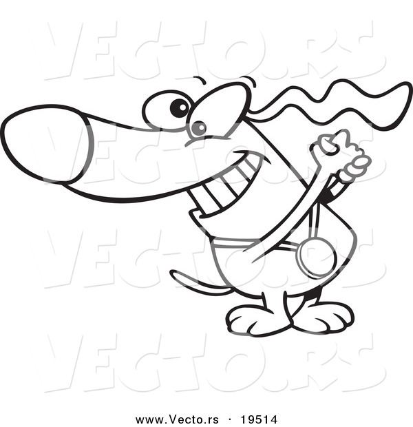 Vector of a Cartoon Champion Dog with a Medal - Outlined Coloring Page