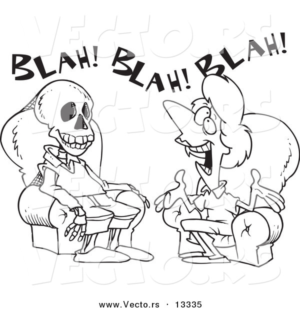 Vector of a Cartoon Chatty Woman Talking a Man to Death - Coloring Page Outline