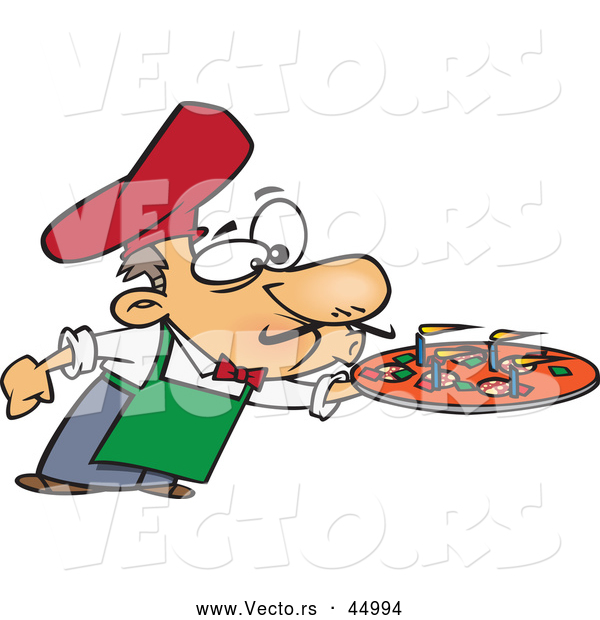 Vector of a Cartoon Chef Blowing out Lit Candles on a Fresh Pizza