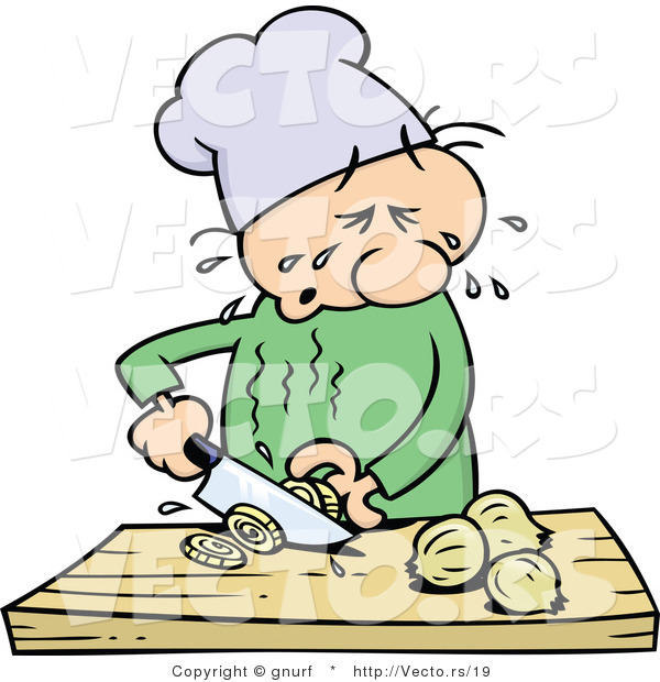 Vector of a Cartoon Chef Cutting Onions While Crying