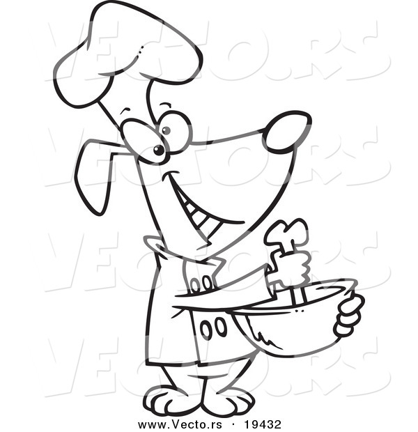 Vector of a Cartoon Chef Dog Mixing with a Bone - Outlined Coloring Page