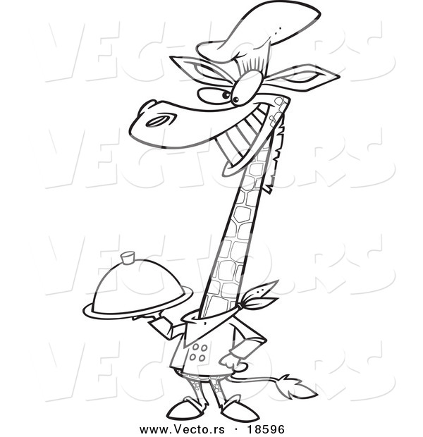 Vector of a Cartoon Chef Giraffe Holding a Platter - Outlined Coloring Page