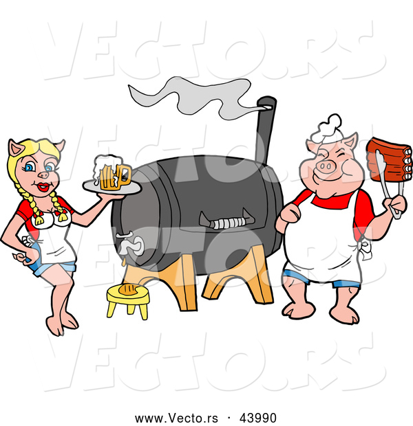Vector of a Cartoon Chef Pig with BBQ Ribs and a Waitress with Beer Standing Beside a Smoker
