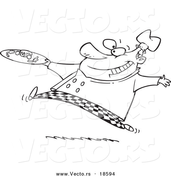 Vector of a Cartoon Chef Serving Haute Cuisine - Outlined Coloring Page
