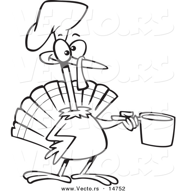 Vector of a Cartoon Chef Turkey Bird Holding a Pot - Coloring Page Outline