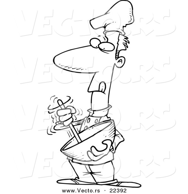 Vector of a Cartoon Chef Using a Mixing Bowl - Coloring Page Outline