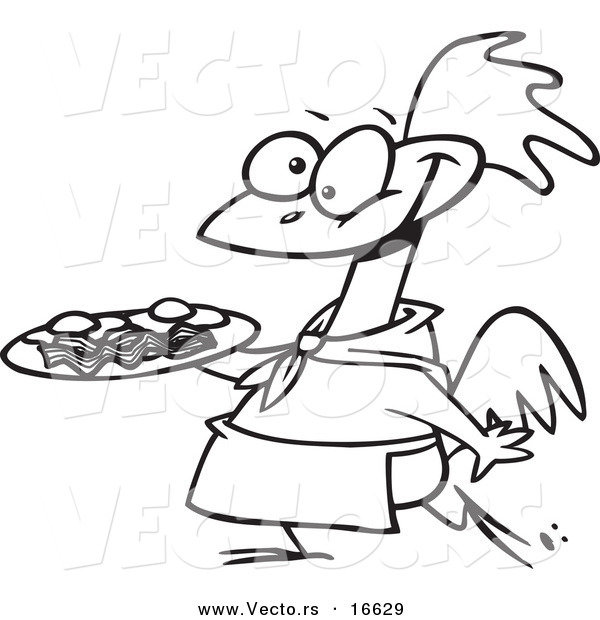 Vector of a Cartoon Chicken Carrying a Plate of Eggs and Bacon - Outlined Coloring Page Drawing
