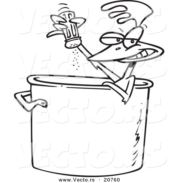 Vector of a Cartoon Chicken Seasoning Himself in a Soup Pot - Coloring Page Outline