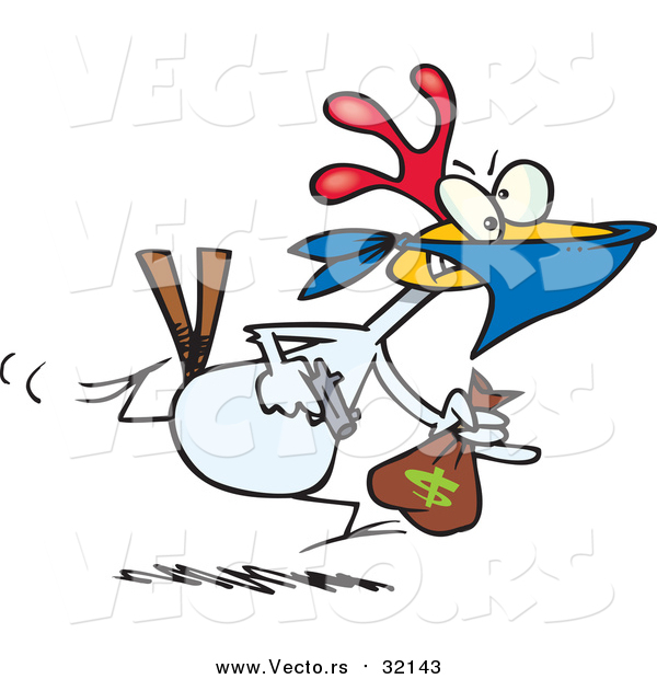 Vector of a Cartoon Chicken Thief Running with a Money Bag