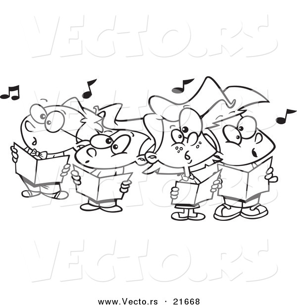 Vector of a Cartoon Choir Kids Singing - Outlined Coloring Page