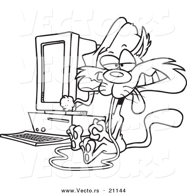 Vector of a Cartoon Christmas Cat with a Computer Mouse in His Mouth - Coloring Page Outline