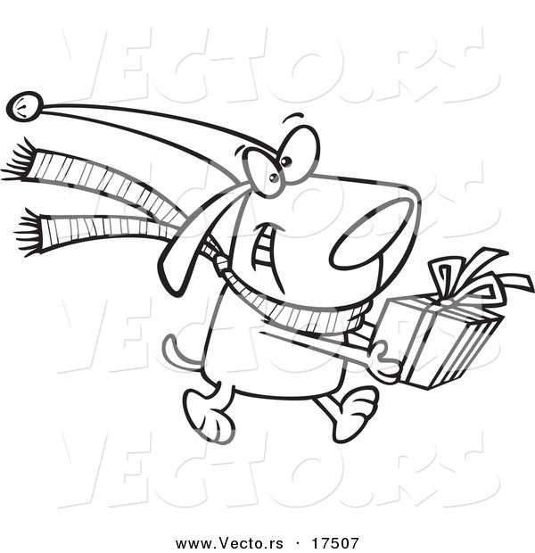 Vector of a Cartoon Christmas Dog Carrying a Present - Coloring Page Outline