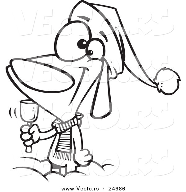 Vector of a Cartoon Christmas Dog Ringing a Bell for Donations - Outlined Coloring Page