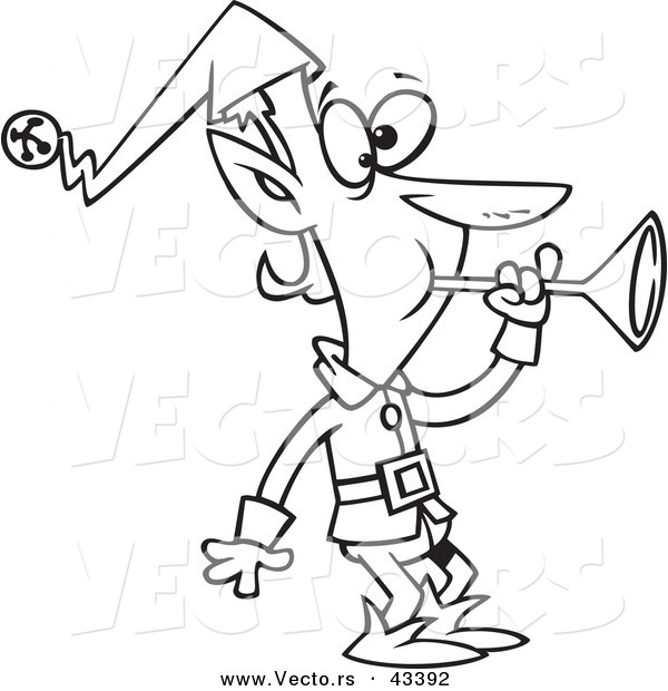 Vector of a Cartoon Christmas Elf Blowing in to a Horn - Coloring Page Outline