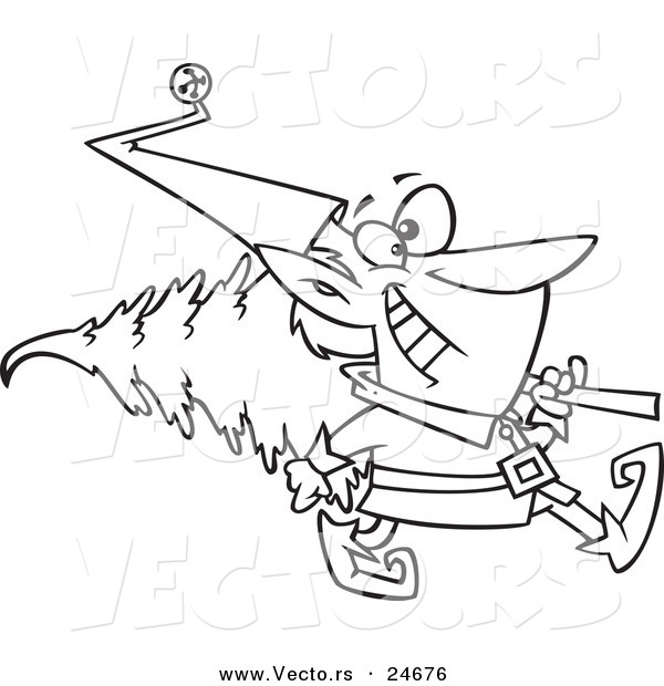 Vector of a Cartoon Christmas Elf Carrying a Tree - Outlined Coloring Page