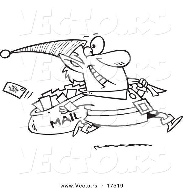 Vector of a Cartoon Christmas Elf Delivering Santa Mail - Coloring Page Outline