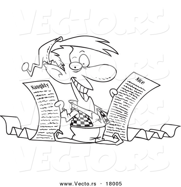 Vector of a Cartoon Christmas Elf Holding Naughty and Nice Lists - Outlined Coloring Page