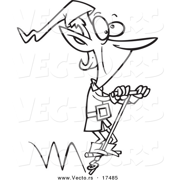Vector of a Cartoon Christmas Elf Hopping on a Pogo Stick - Coloring Page Outline