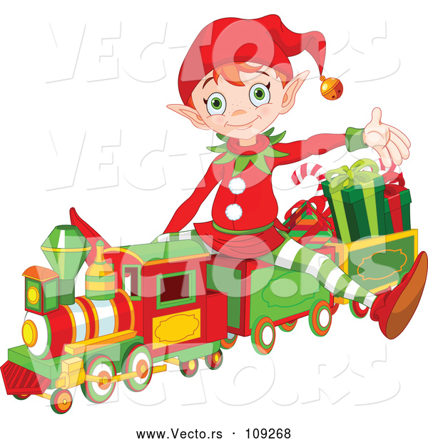 Vector of a Cartoon Christmas Elf Presenting and Sitting on a Toy Train