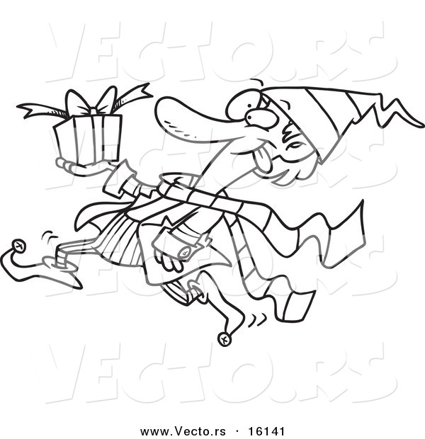 Vector of a Cartoon Christmas Elf Running with a Gift - Outlined Coloring Page Drawing