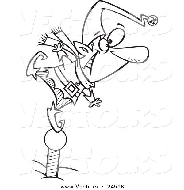 Vector of a Cartoon Christmas Elf Standing on a Pole and Keeping a Look out - Outlined Coloring Page