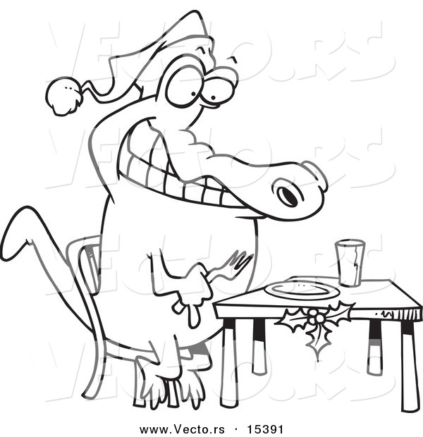 Vector of a Cartoon Christmas Gator Anticipating Dinner - Coloring Page Outline