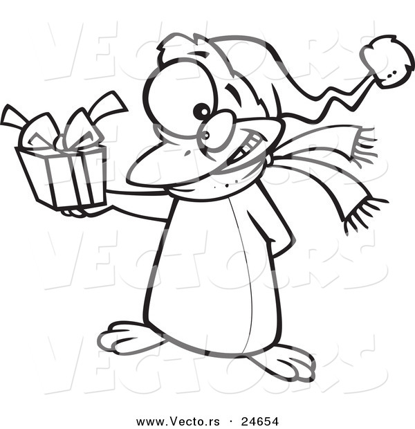 Vector of a Cartoon Christmas Penguin Giving a Present - Outlined Coloring Page