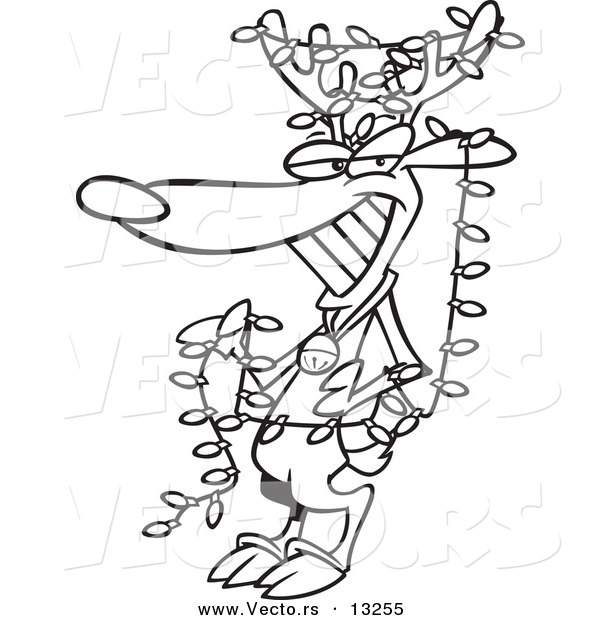 Vector of a Cartoon Christmas Reindeer Decked out in Lights - Coloring Page Outline