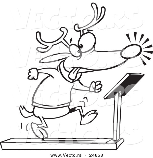 Vector of a Cartoon Christmas Reindeer Running on a Treadmill - Outlined Coloring Page
