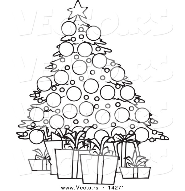 Vector of a Cartoon Christmas Tree and Gifts - Coloring Page Outline