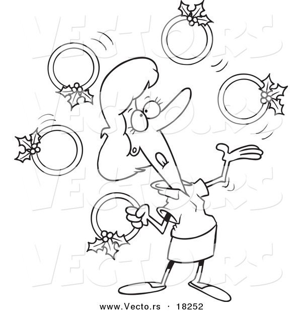 Vector of a Cartoon Christmas Woman Juggling Five Golden Rings - Outlined Coloring Page