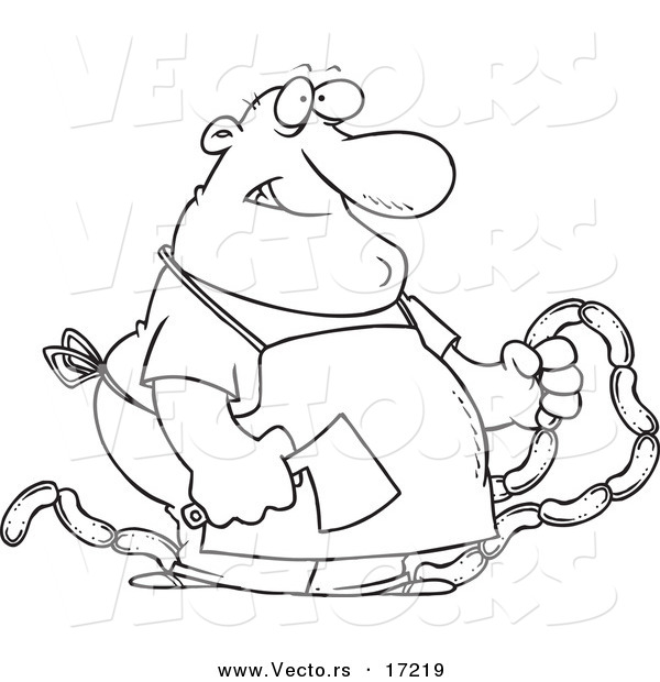 Vector of a Cartoon Chubby Butcher Holding Sausage Links - Coloring Page Outline